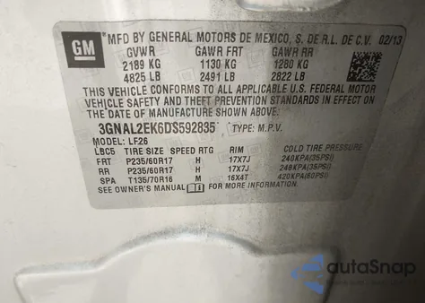 2013 Chevrolet Captiva Sport 2Ls из США, поврежденный, VIN 3GNAL2EK6DS592835